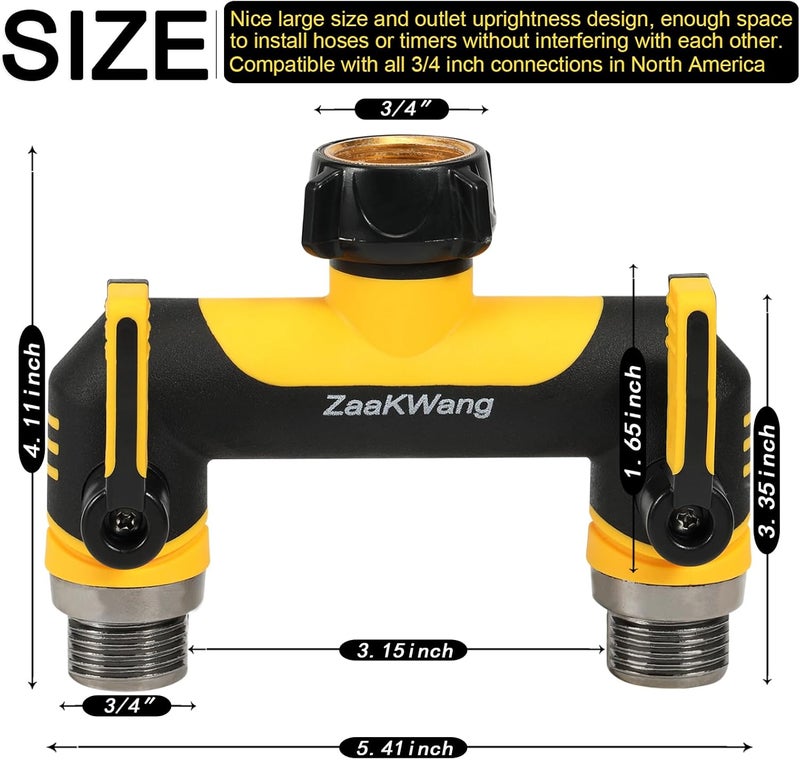 ZaakWang موصل خرطوم ثقيل مزدوج الاتجاه، محول صنبور حديقة متين، محول T - Way مع مقبض ممتد، خيط GHT 3/4 بوصة، أصفر - Image 2
